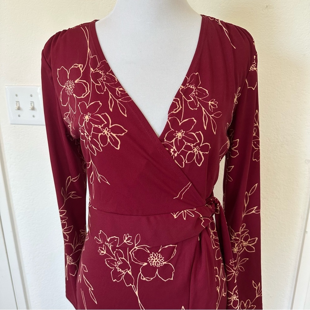 Floral Burgundy Wrap Midi Dress V-Neck Long Sleeve Stretchy 7/8 🔥 - Picture 8 of 8